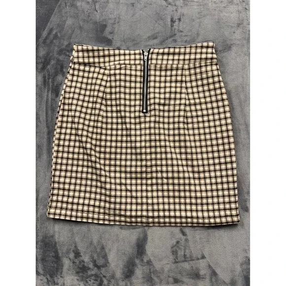 Garage Plaid Mini Skirt Womens Small Brown Tan Checkered Bodycon Front Slit 90s - Picture 4 of 7